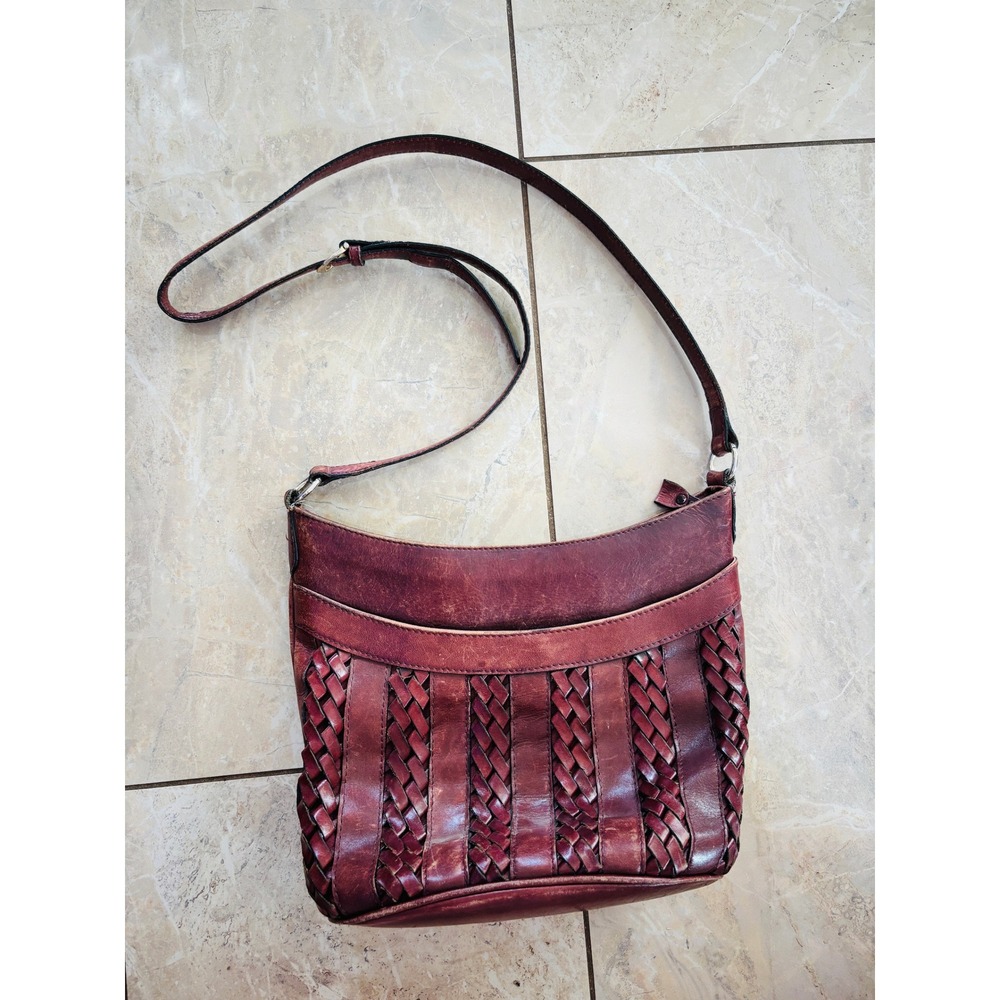 Etienne Aigner Oxblood Leather Woven Crossbody Bag Vintage Boho Hobo Purse